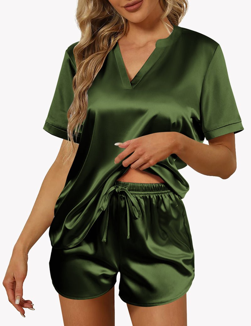 Dark green satin pajama set: V-neck short-sleeve top and drawstring waist shorts