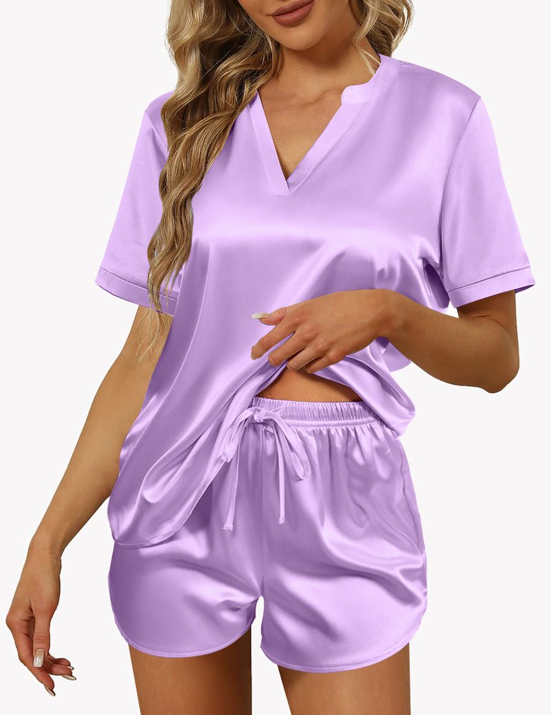 Lavender satin pajama set with V-neck, short sleeves, and drawstring shorts