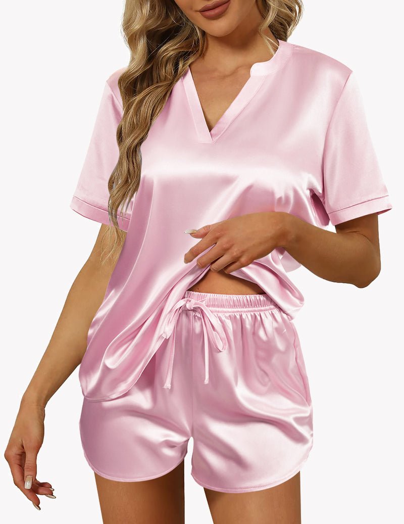 Pink satin V-neck pajama top with elastic waist drawstring shorts, short sleeves