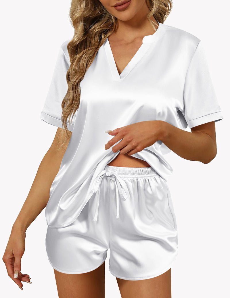 White satin pajama set with V-neck, short sleeves, and drawstring shorts