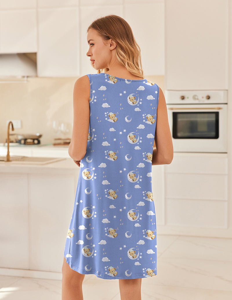 Back view of blue teddy-night sleep dress with moon, cloud and bear pattern; sleeveless
