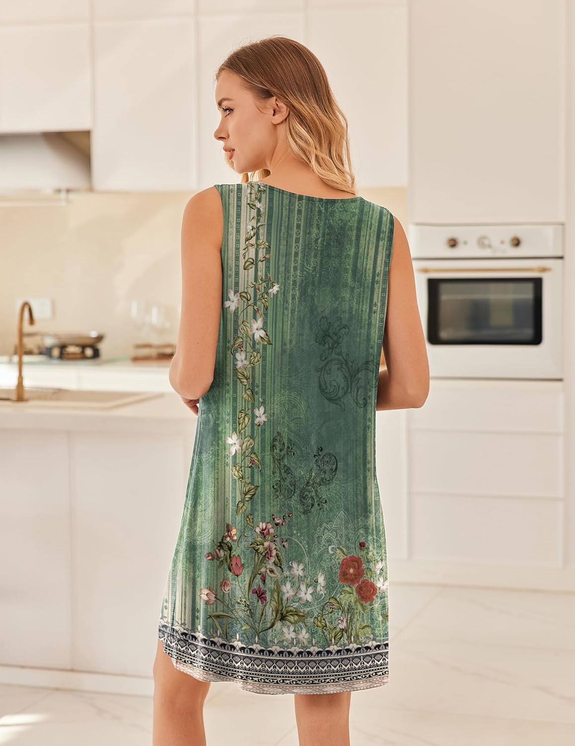 Green floral sleep dress, sleeveless back view with patterned border hem