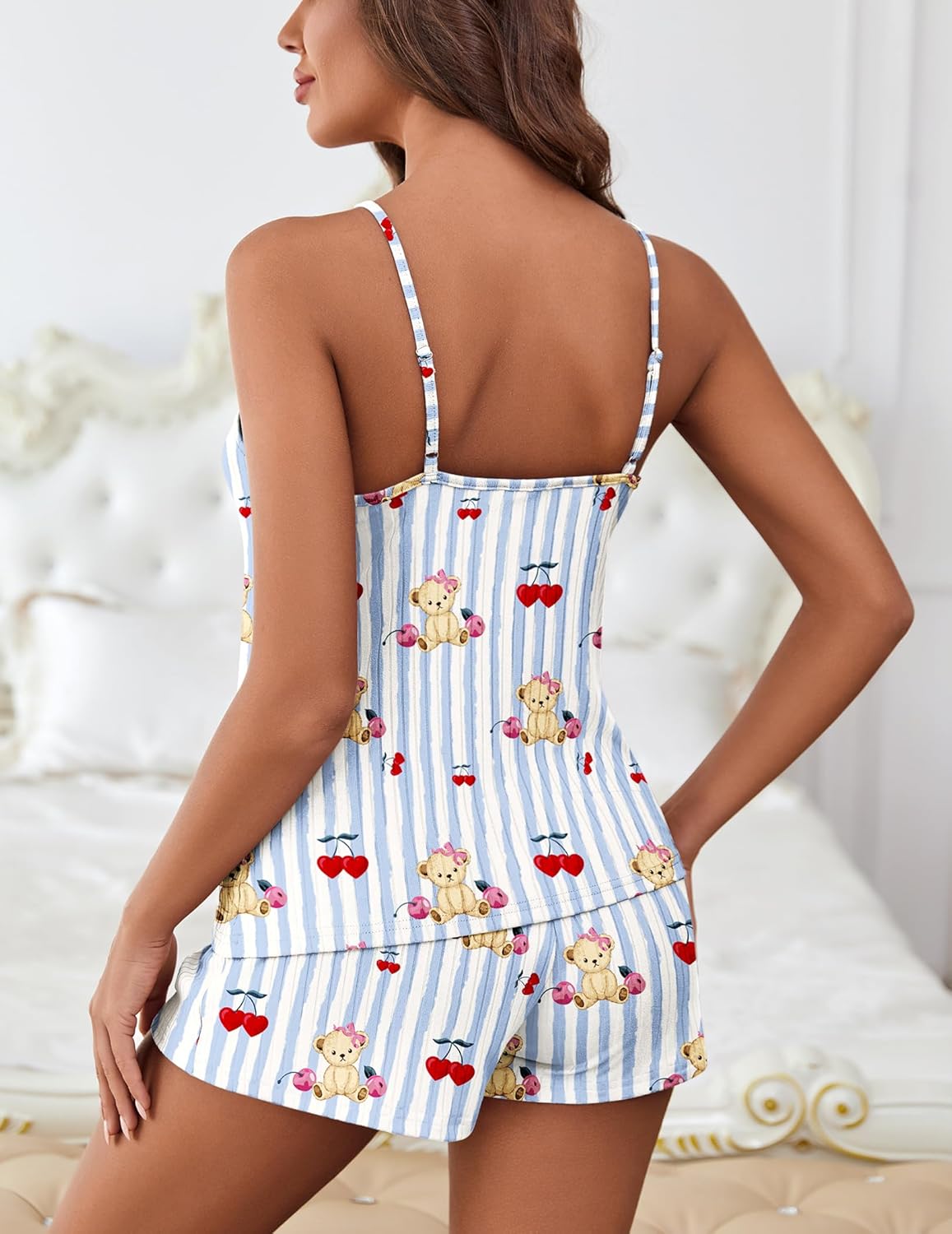 Schlafanzug-Set ohne Ärmel, hellblau gestreift mit Teddys, Rückansicht mit Shorts