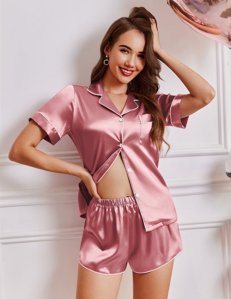 Satin pajama set with short-sleeve button top and elastic drawstring shorts, rose pink