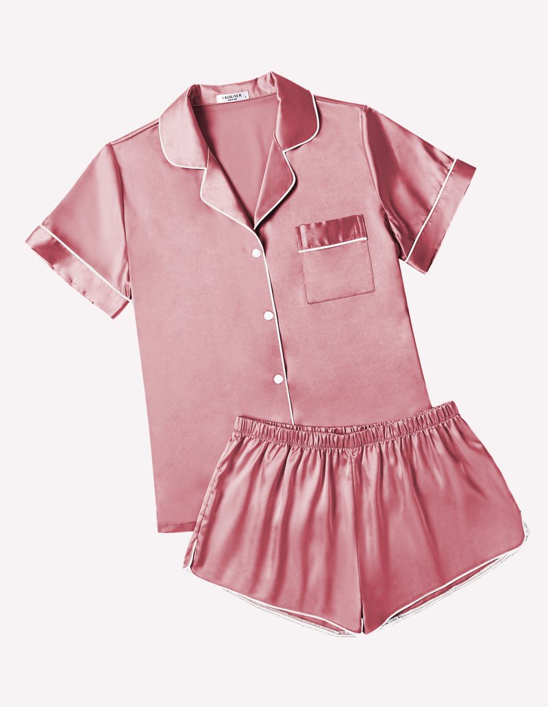 Two-piece satin pajama set, rose pink short-sleeve button top and elastic shorts