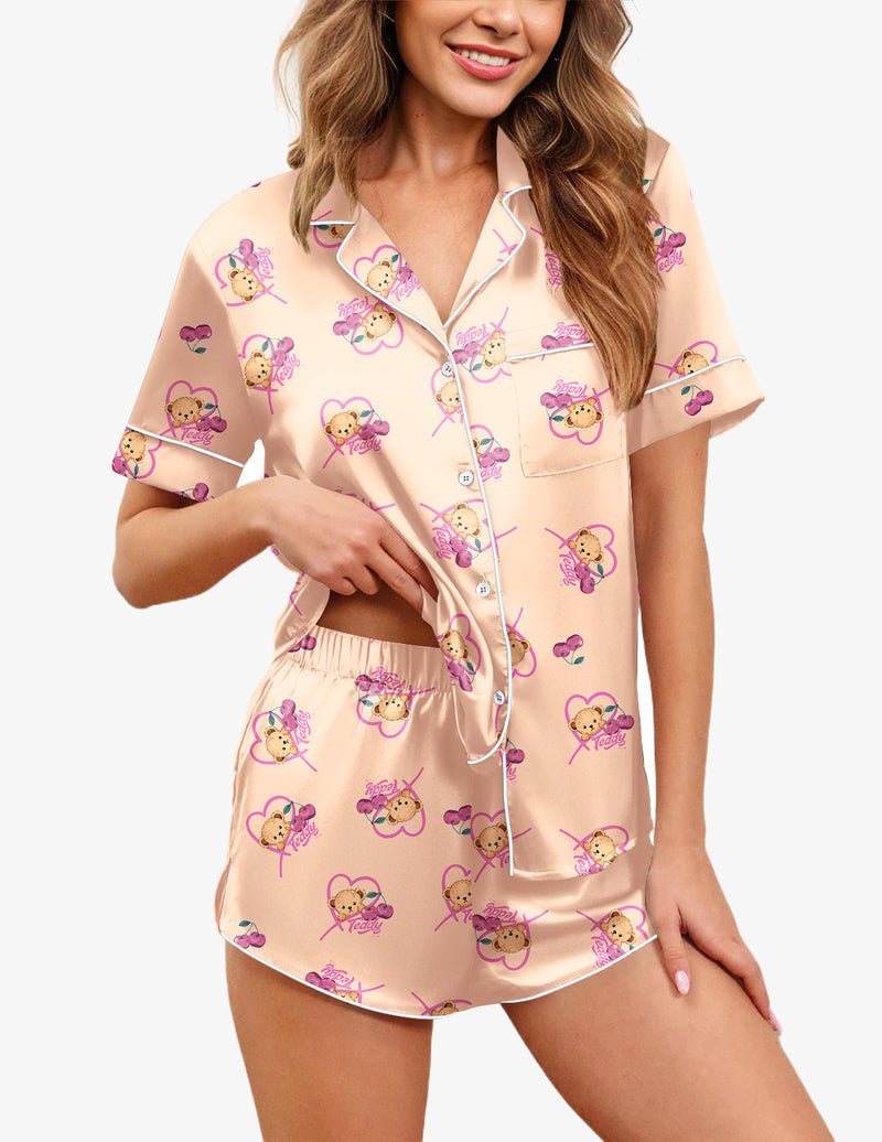 Beiges Satin-Pyjama-Set mit Teddy-Motiven, kurzer Ärmel und Shorts mit Gummibund