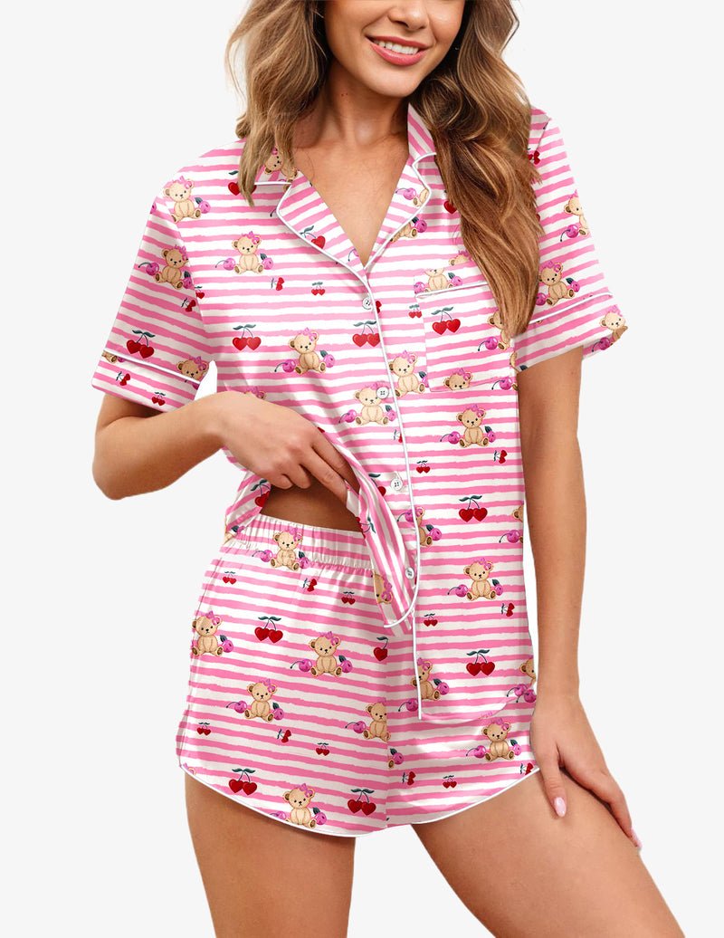 Hellrosa Teddy-Pyjama-Set mit Streifen, Knopfleiste, kurzer Ärmel und Shorts