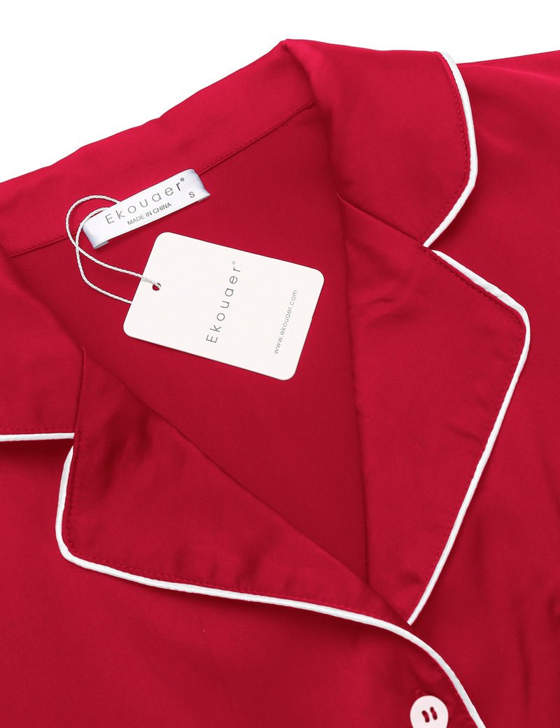 Rotes Satin-Top mit Kontrastpaspel, Knopfleiste und Markenlabel am Kragen