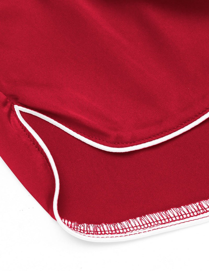 Satin shorts hem, wine red with white contrast piping