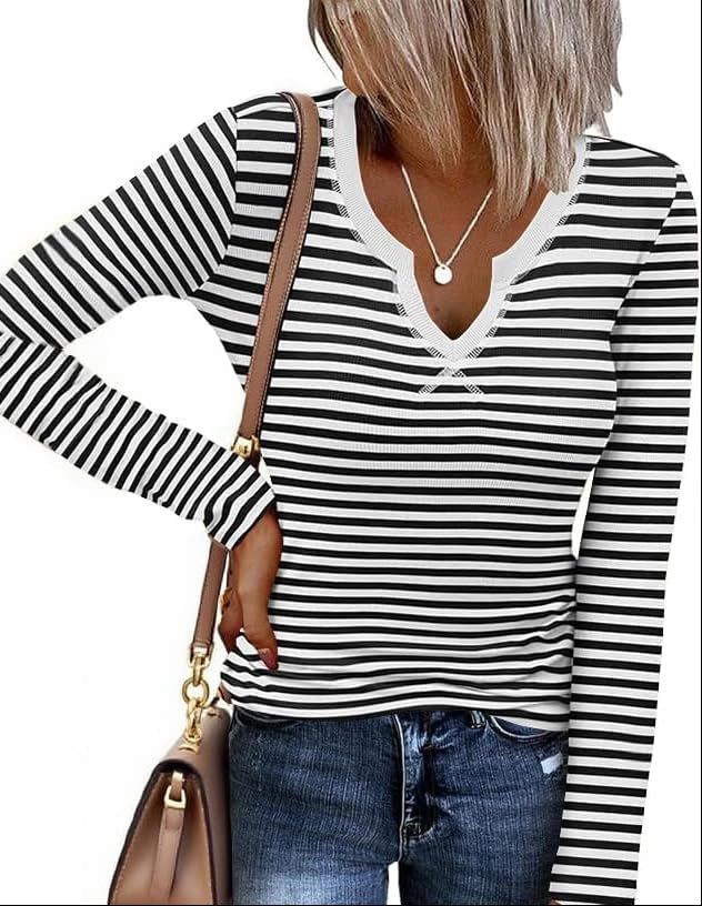 Thermal long sleeve shirt, black and white striped V-neck, fitted knit