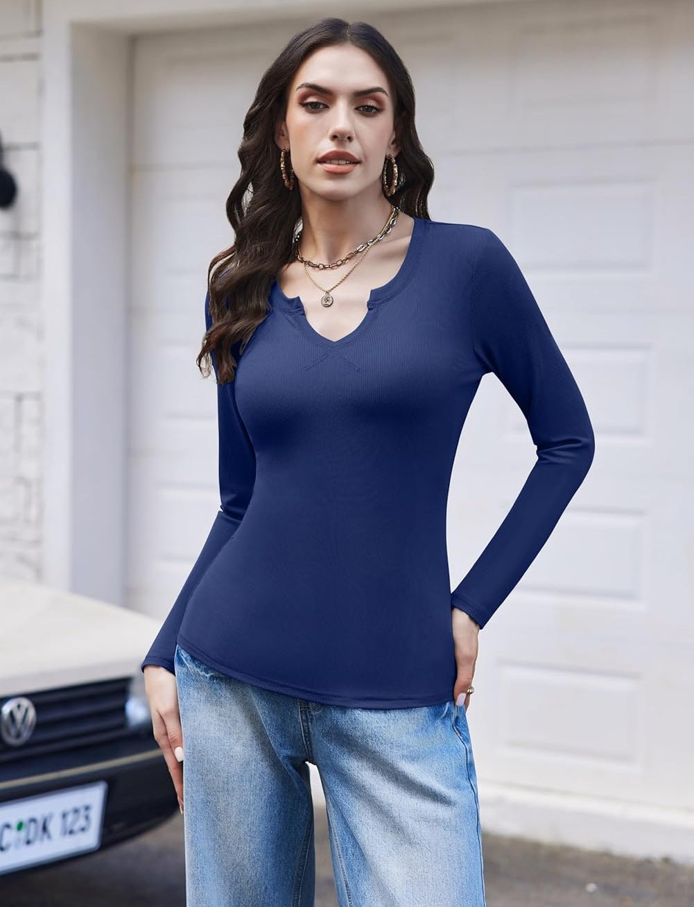 Ekouaer Thermal Long Sleeve Top, navy blue V-neck long sleeve shirt