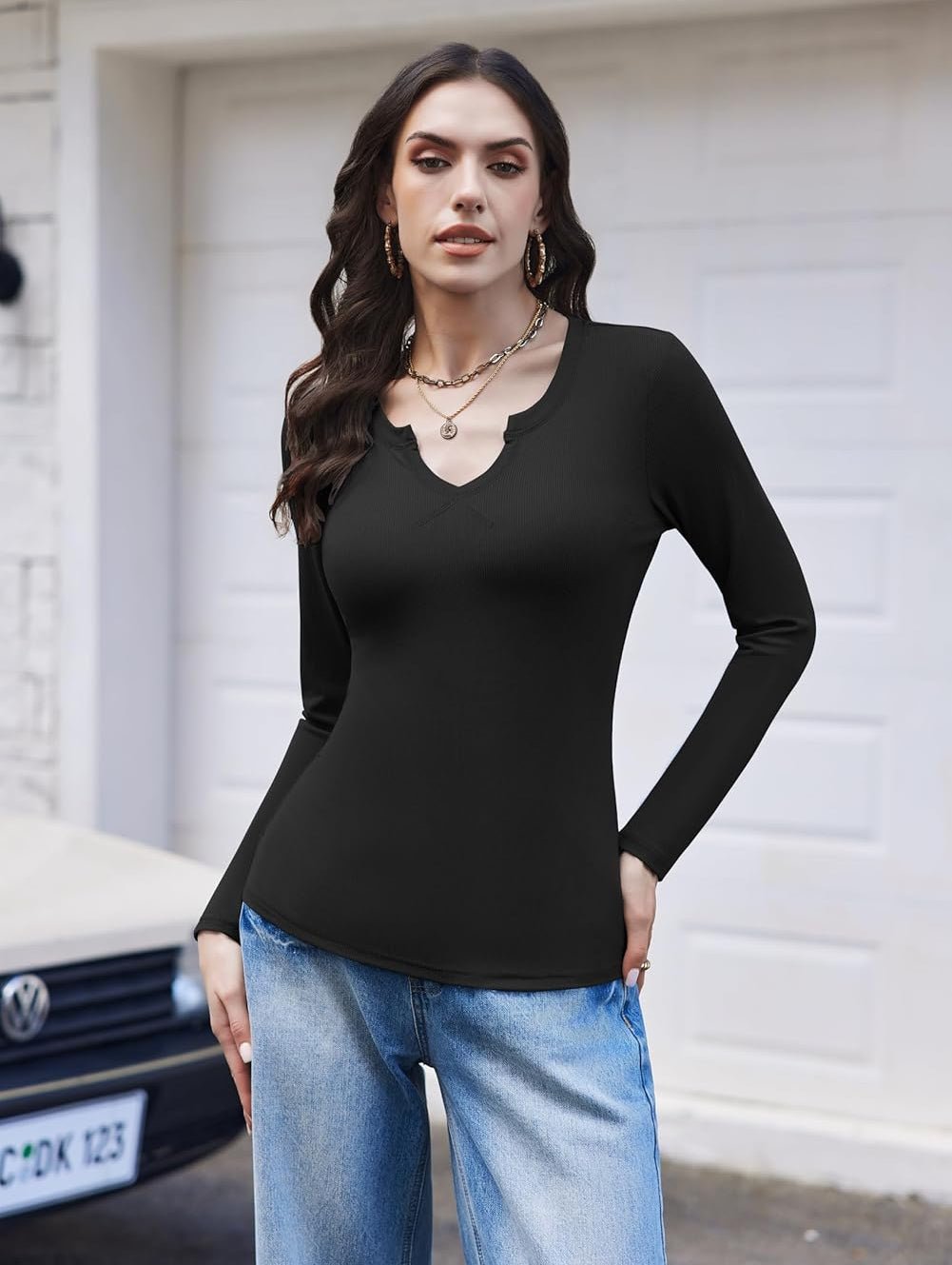 Ekouaer Thermal Long Sleeve Top in black, V-neck fitted long sleeve