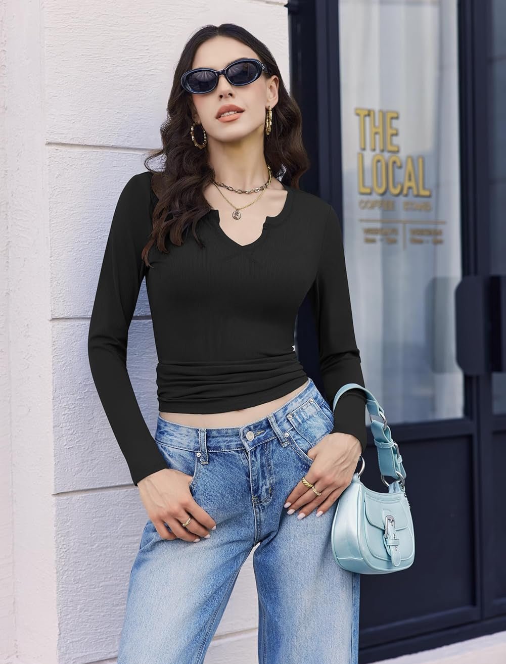 Women's long-sleeve thermal V-neck shirt, black.