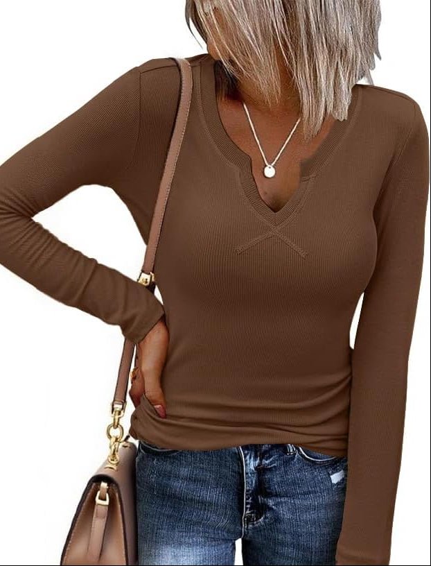 Women's long-sleeve thermal V-neck shirt, brown.