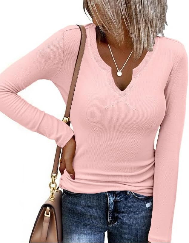 Thermal long sleeve shirt, pink V-neck, fitted knit
