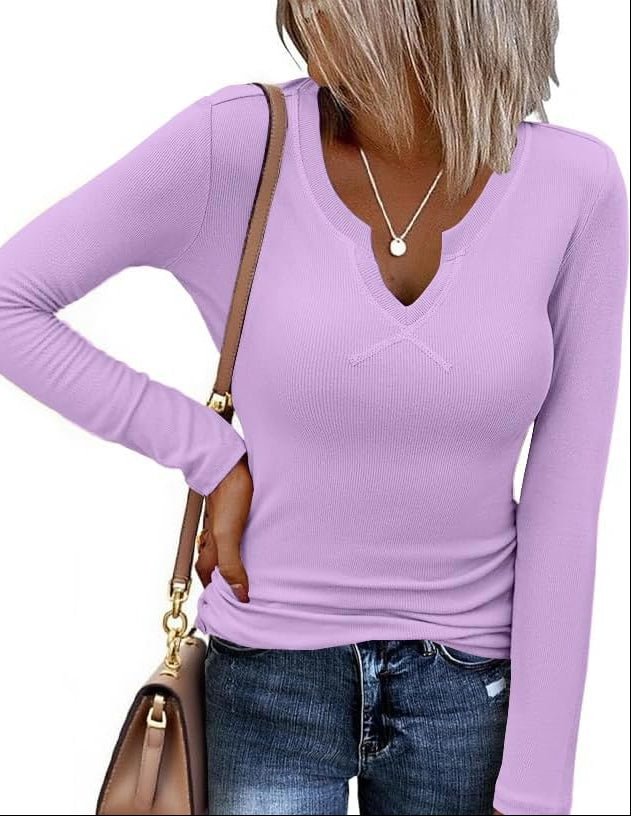 Thermal long sleeve shirt, purple V-neck, fitted knit