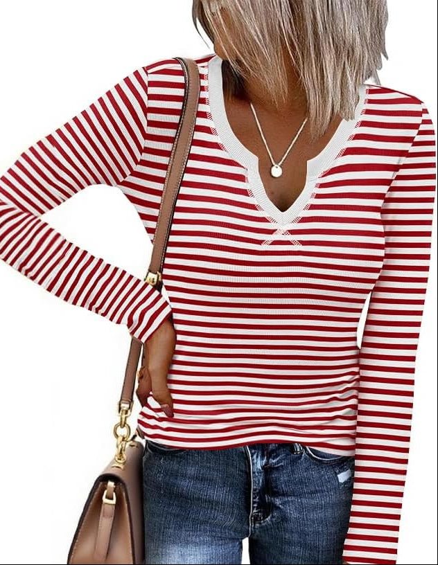 Thermal long sleeve shirt, red and white striped V-neck, fitted knit