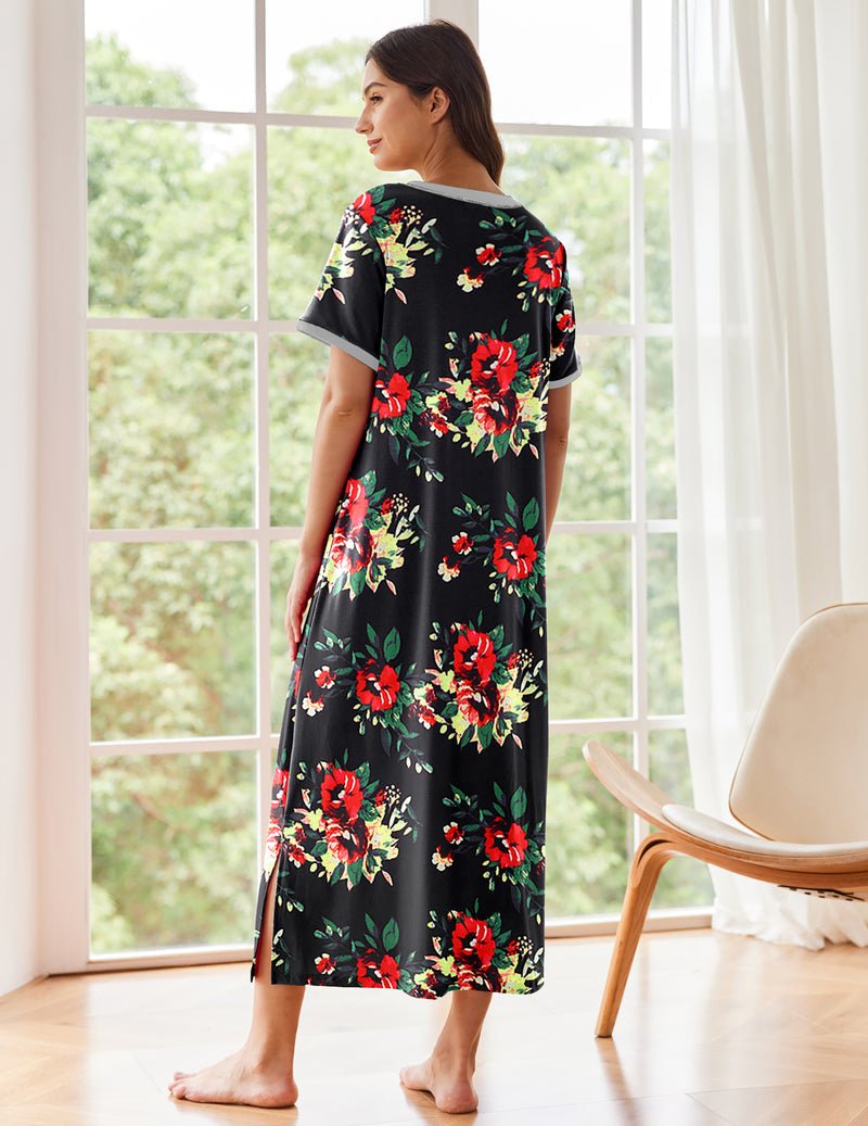 Long nightgown with pocket, black floral print back view, short sleeves