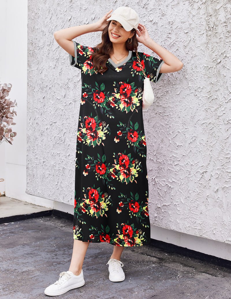 Long nightgown with pocket, black floral print V-neck short sleeves