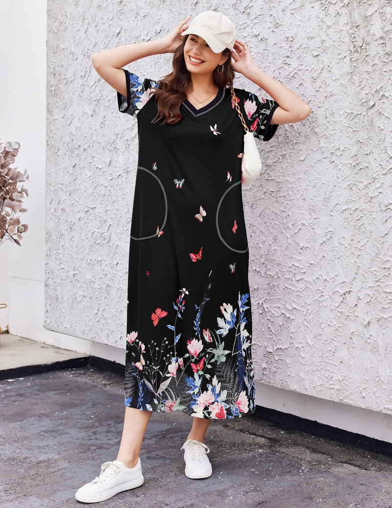 Long nightgown with pocket, black floral print with curved pocket seams, short sleeves