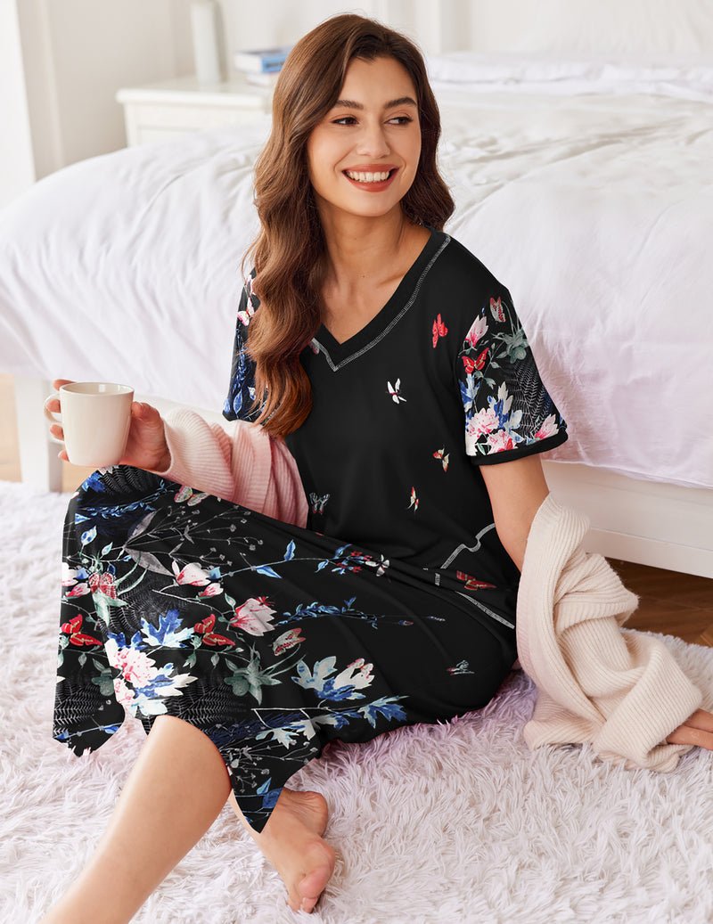 Long nightgown with pocket, black floral print V-neck short sleeves