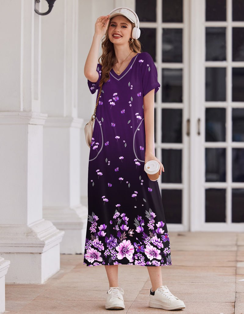 Purple floral long nightgown with short sleeves, V-neck trim, side pocket