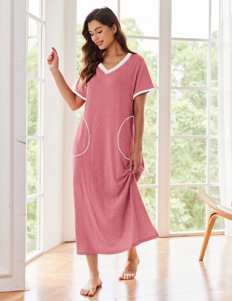 Ultra-Soft long nightgown with pocket, pink V-neck short sleeves and curved seam details