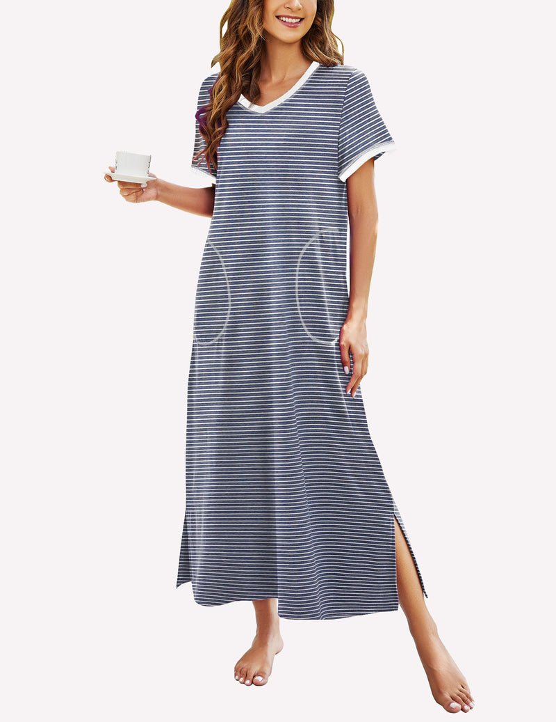 Blue-and-white striped long nightgown with V-neck and side pocket