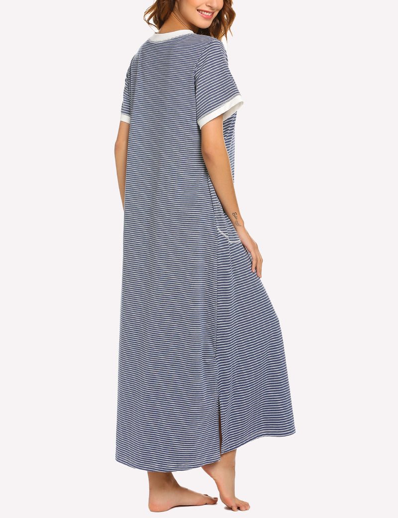 Blue-and-white striped long nightgown, side view with contrast V-neck trim