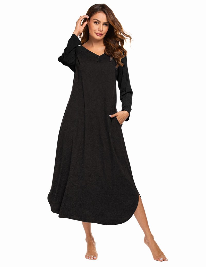 Black V-neck long-sleeve nightshirt, relaxed fit with side pockets