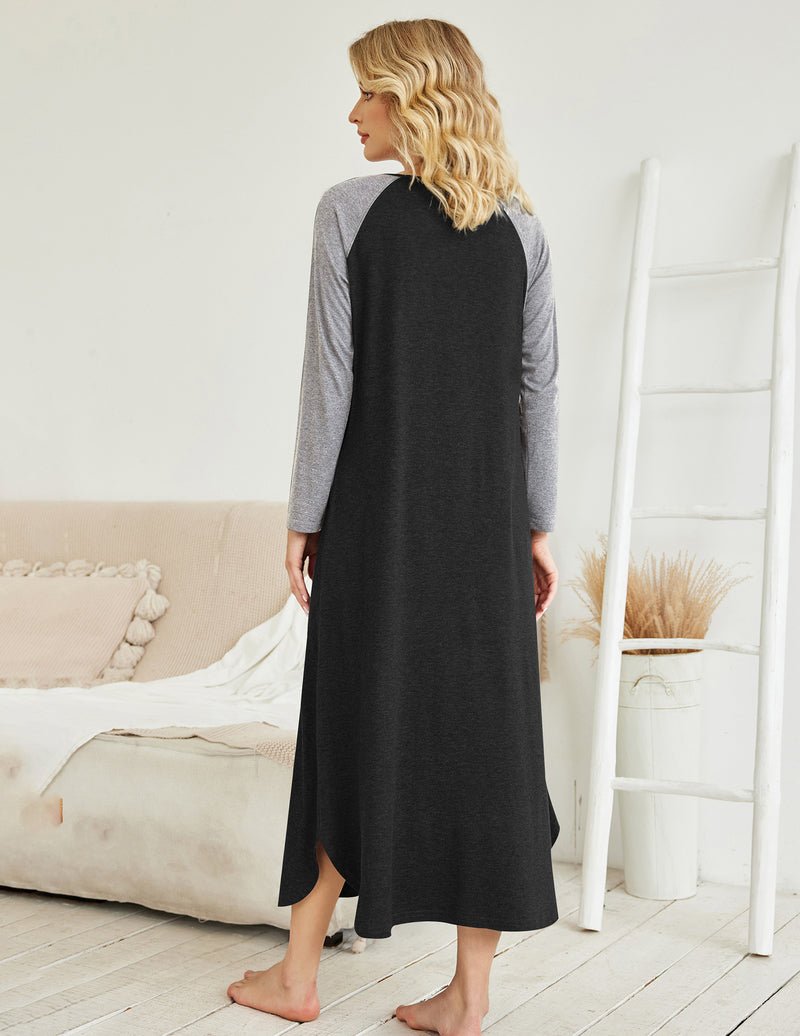 Heather grey sleeves and black body V-neck nightshirt, full-length