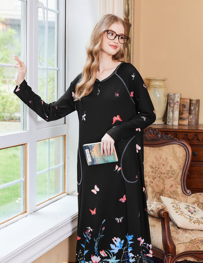 Black V-neck nightshirt with colorful butterfly and floral print, curved pocket details