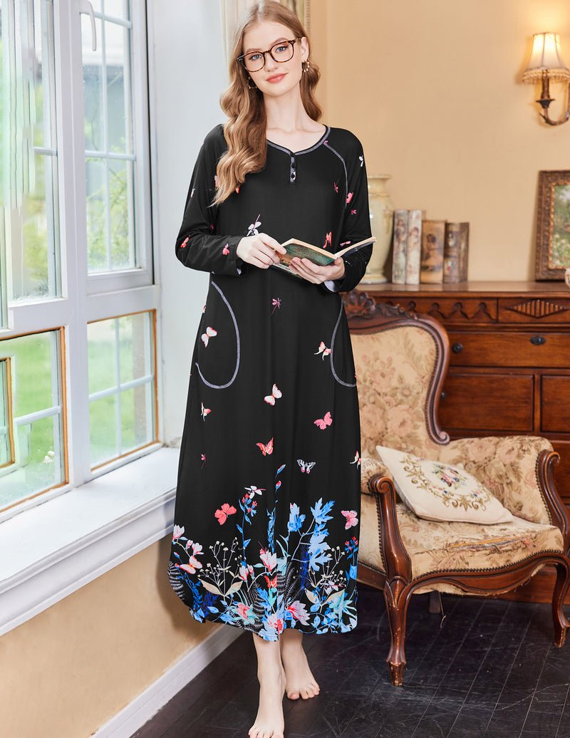 Full-length V-neck sleepshirt, black with multicolor butterfly and flower hem print