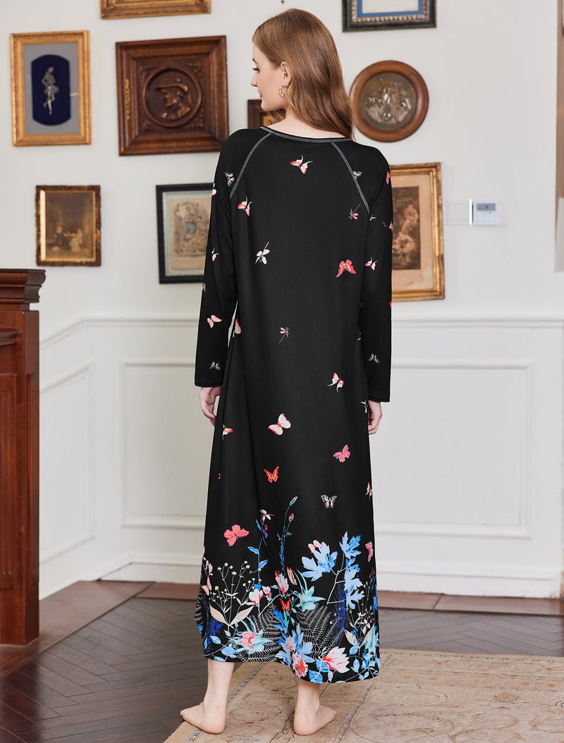 Back view V-neck nightshirt in black with colorful butterfly and flower print
