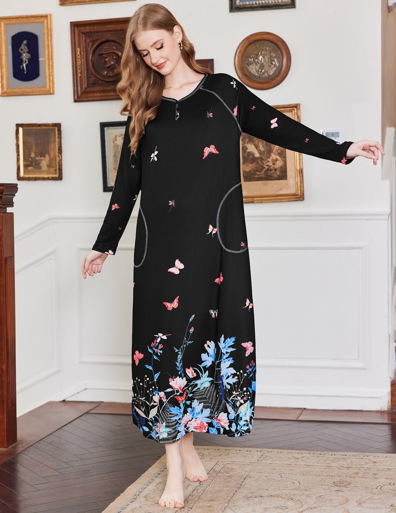 Long-sleeve V-neck nightshirt in black with scattered butterflies and floral print
