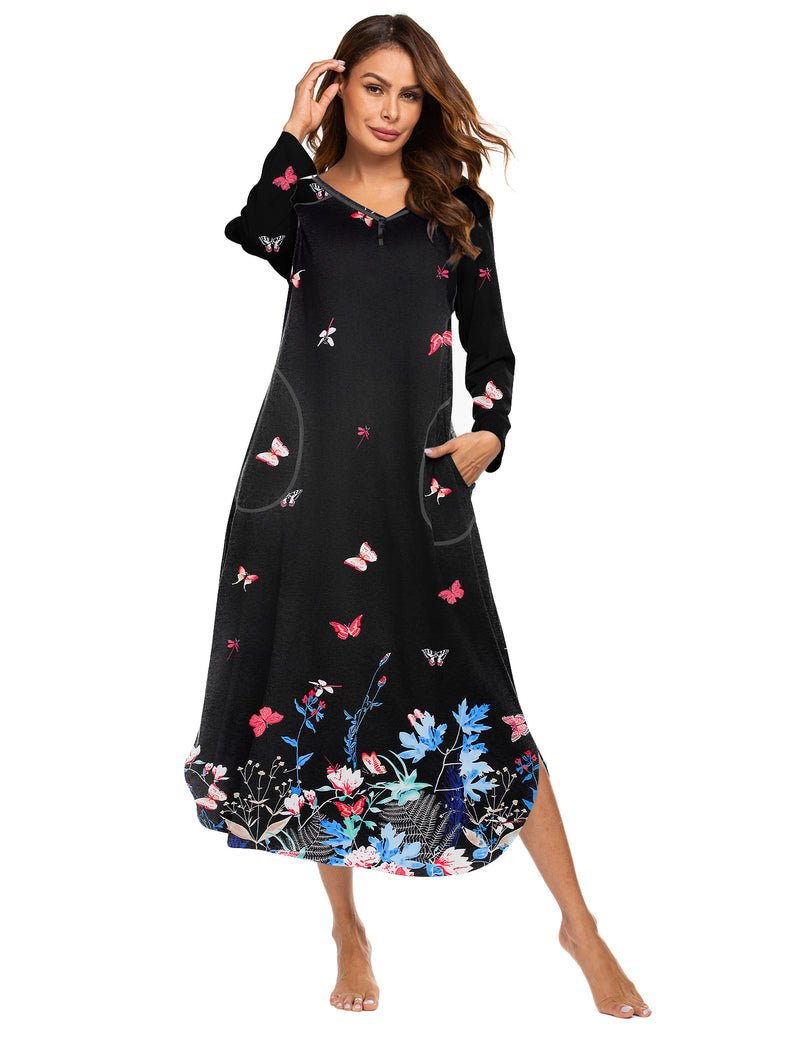 Ekouaer long V-neck nightshirt, black with colorful butterfly and floral print