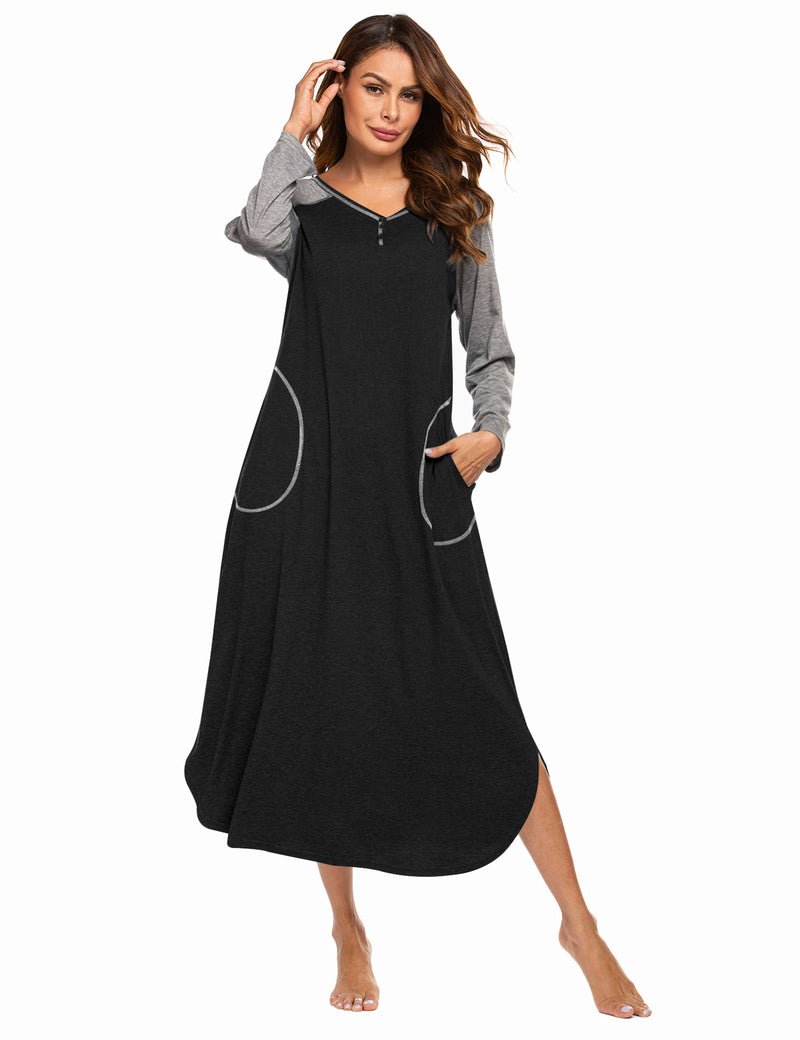 Dark grey V-neck nightshirt with raglan grey sleeves and curved pocket detail