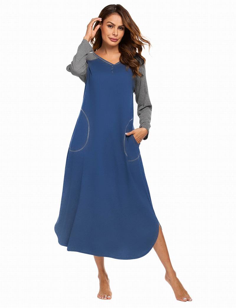 Full-length V-neck nightshirt in blue with gray long sleeves and curved pocket trim