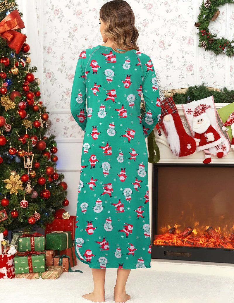 Back view long V-neck nightshirt in green with Christmas character print