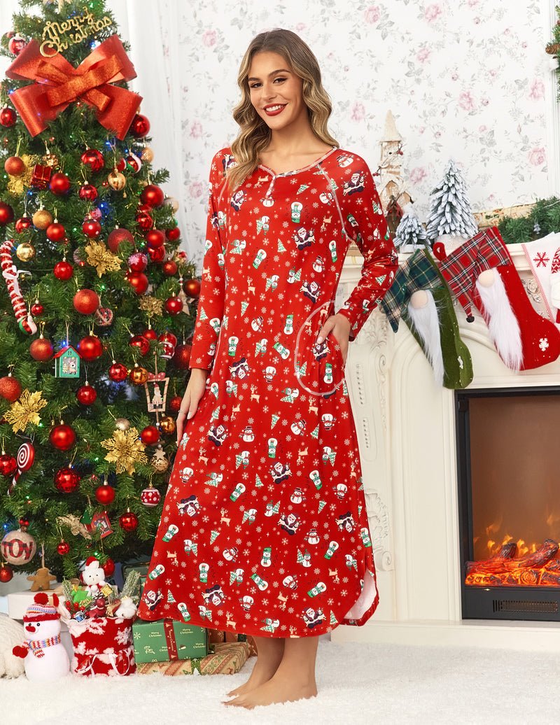 Red V-neck nightshirt with long sleeves and festive print, full-length