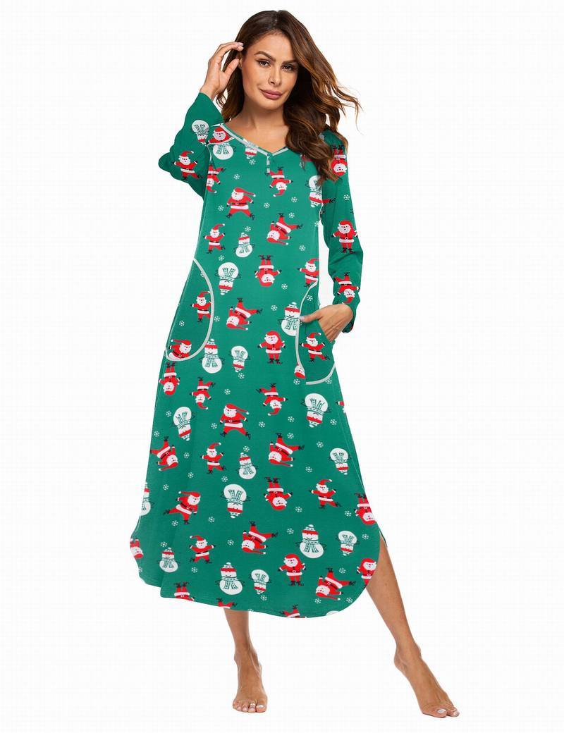 Full-length V-neck sleepshirt in green with repeated Santa and snowman print