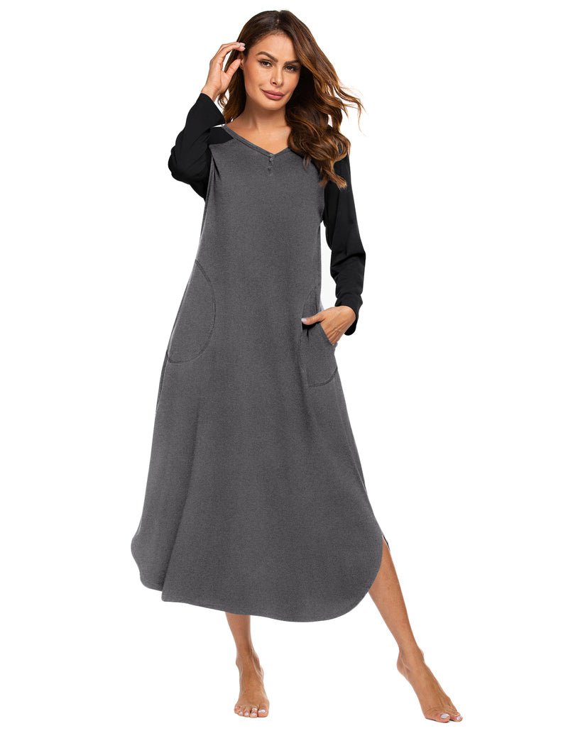 Heather grey V-neck nightshirt with black raglan sleeves and side pockets