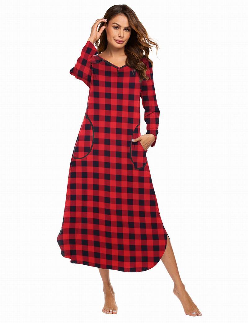 Red and black plaid V-neck nightshirt, long sleeves, relaxed full-length fit
