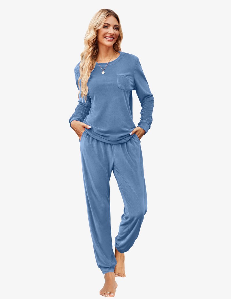 Velour tracksuit set with long-sleeve top and jogger pants in sky blue