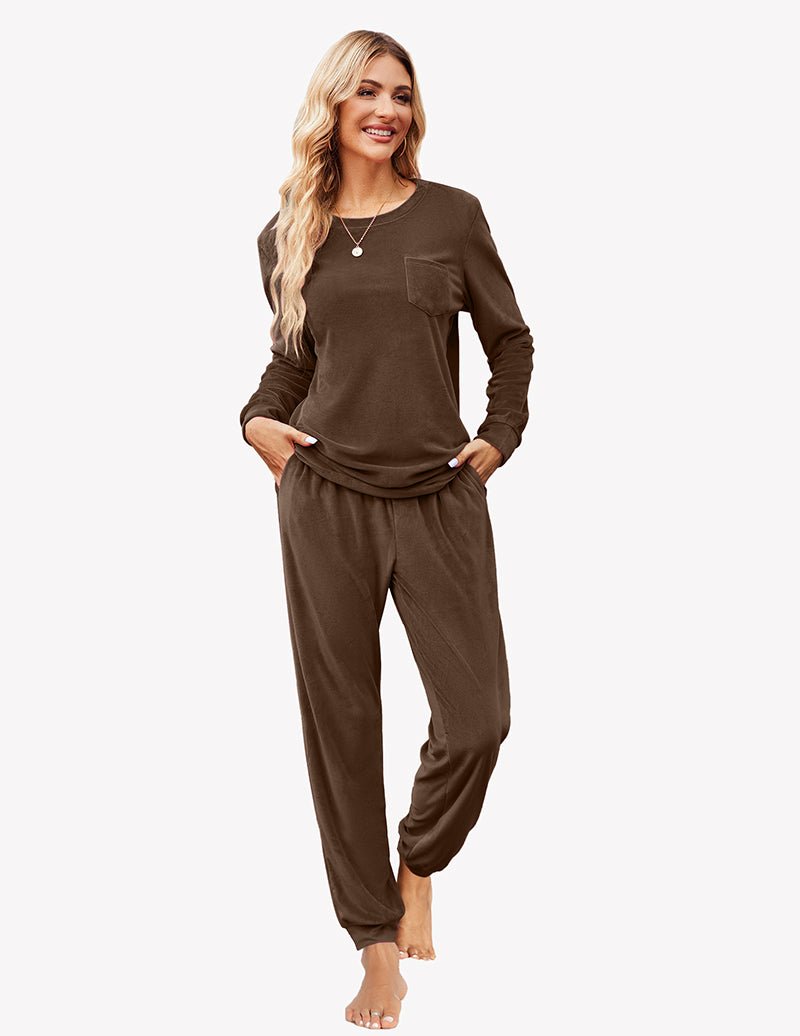 Brown velour tracksuit set: long-sleeve top with pocket and jogger pants