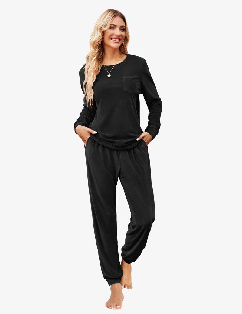 Velour tracksuit set with long-sleeve top and jogger pants in black