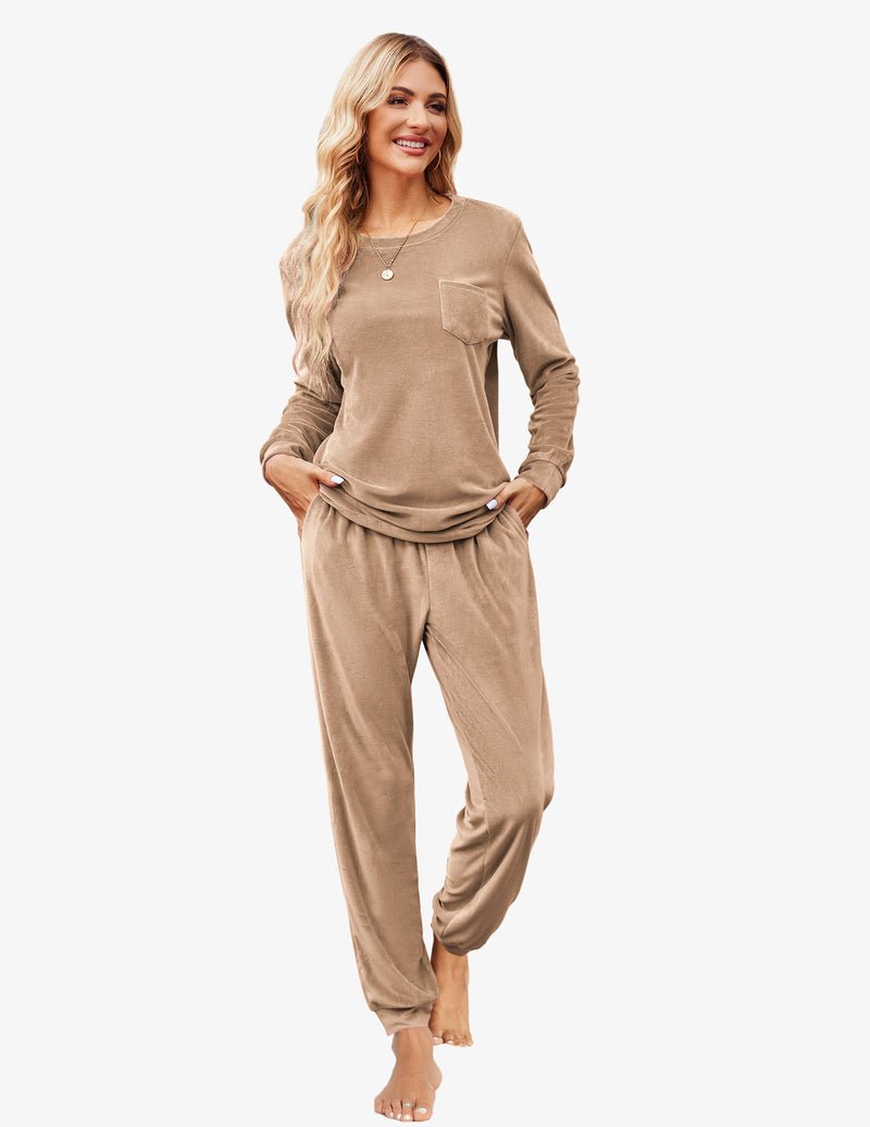 Velour tracksuit set with long-sleeve top and jogger pants in taupe beige