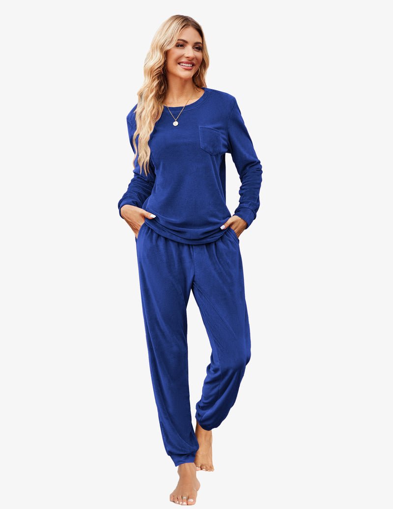 Blue velour tracksuit set: long-sleeve top and jogger pants