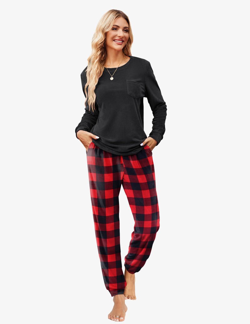 Black and red plaid velour tracksuit: long-sleeve pocket top with cuffed jogger pants.