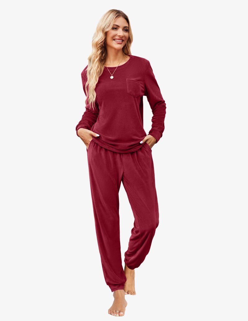 Wine red velour tracksuit set: long-sleeve top and jogger pants